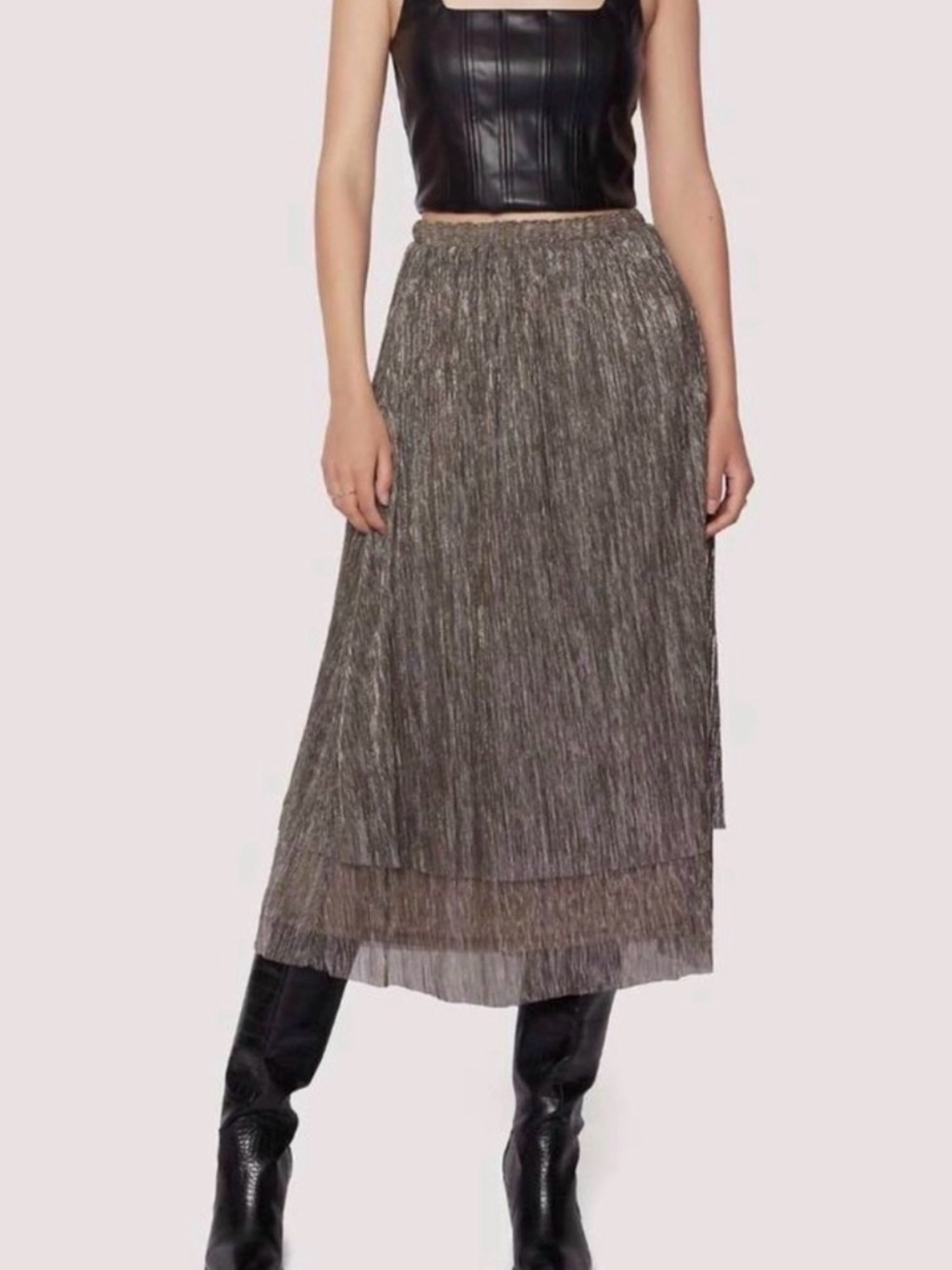Metallic Layered Pleated Midi Skirt - Gray